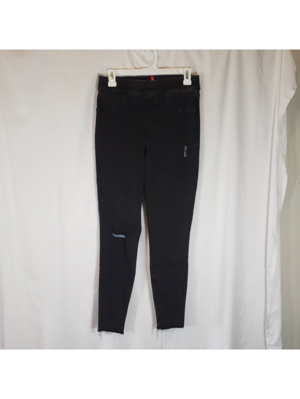 SPANX Womens M Black Distressed Skinny Ankle Jeans Pull On Stretch Jeggings